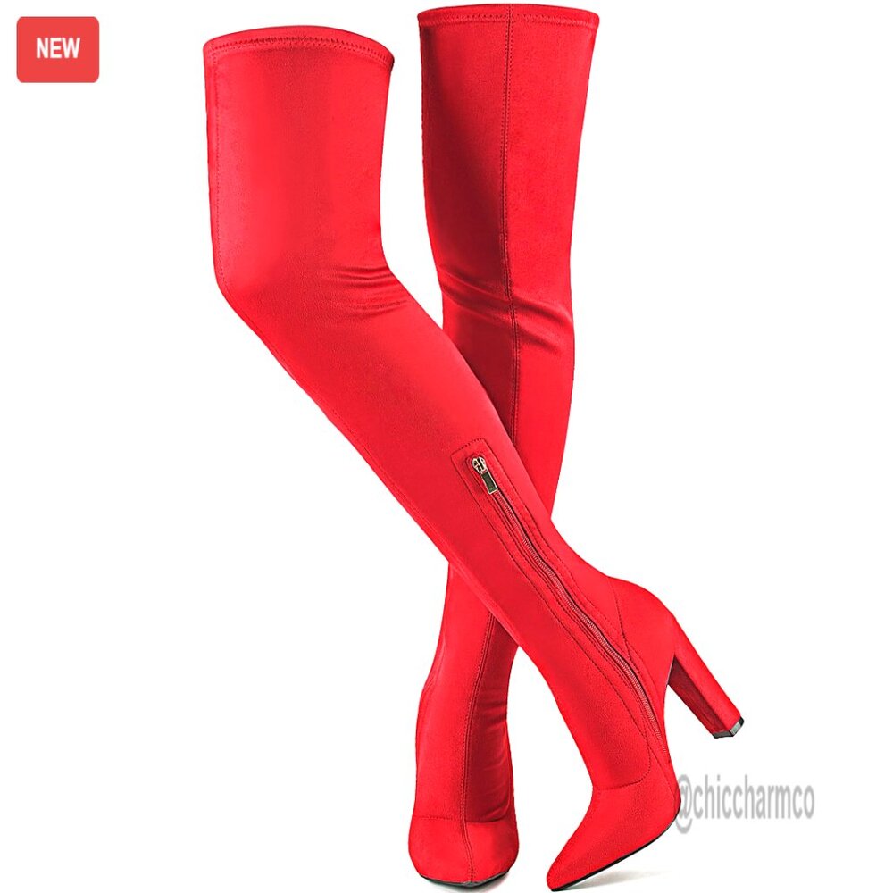 Thigh High Boots Stretch Suede Over Knee 4.13in Chunky Heel Fall Winter